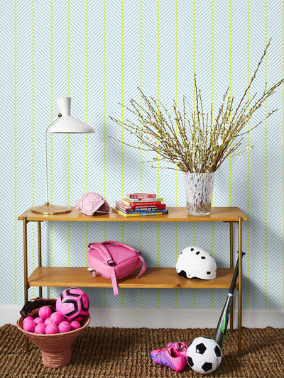 'Barbie™ Dreamhouse Herringbone' Wallpaper by Barbie™ - Citrine Blue