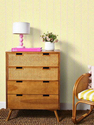 barbie dreamhouse herringbone wallpaper by barbie daffodil pink