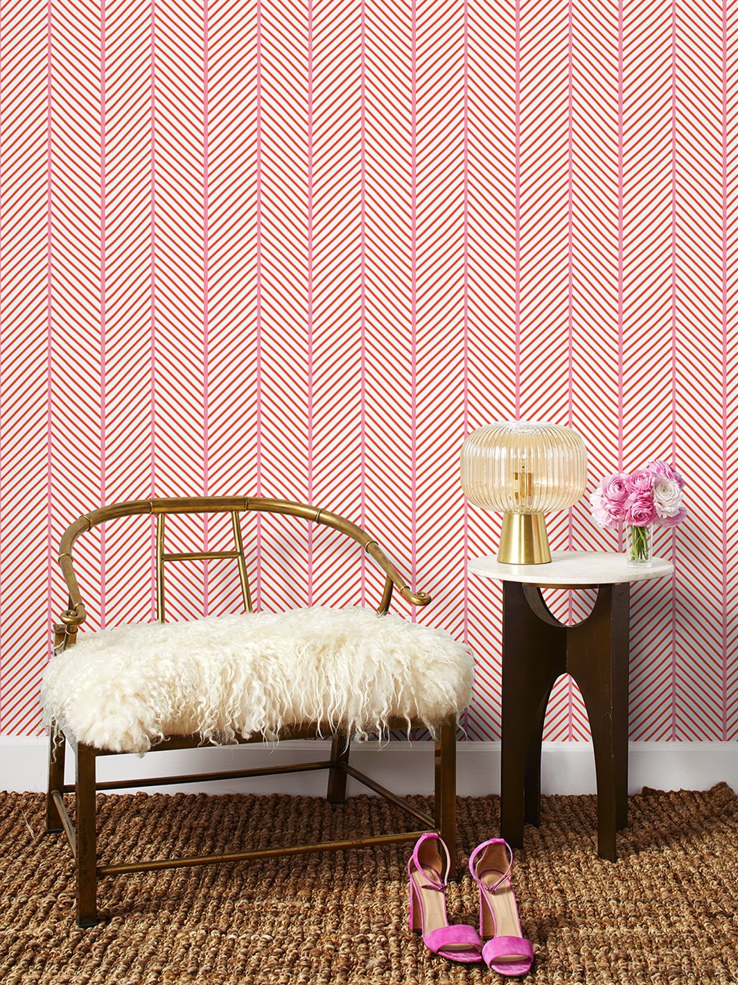 barbie dreamhouse herringbone wallpaper by barbie persimmon pink