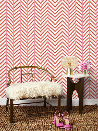 barbie dreamhouse herringbone wallpaper by barbie persimmon pink