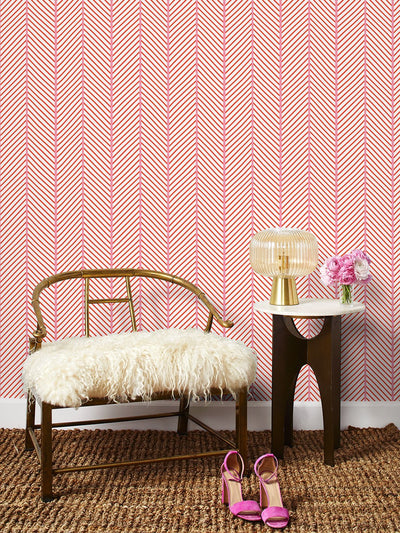 'Barbie™ Dreamhouse Herringbone' Wallpaper by Barbie™ - Persimmon Pink