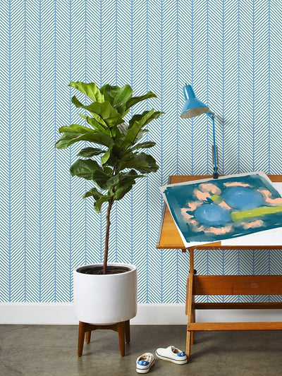 'Barbie™ Dreamhouse Herringbone' Wallpaper by Barbie™ - Teal Blue