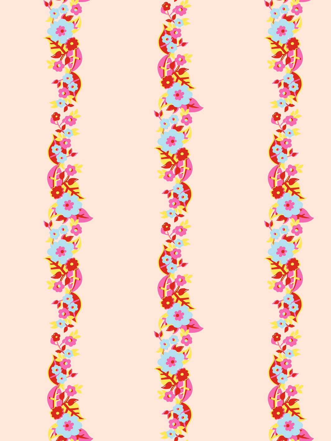 'Floral Stripe' Wallpaper by Barbie™ - Peach Red