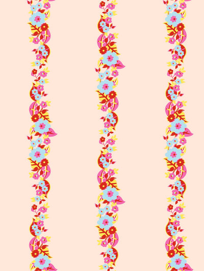 'Floral Stripe' Wallpaper by Barbie™ - Peach Red