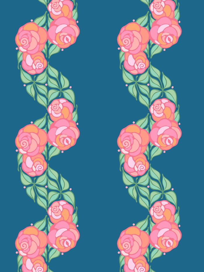 'Groovy Floral Stripe' Wallpaper by Barbie™ - Cadet Blue