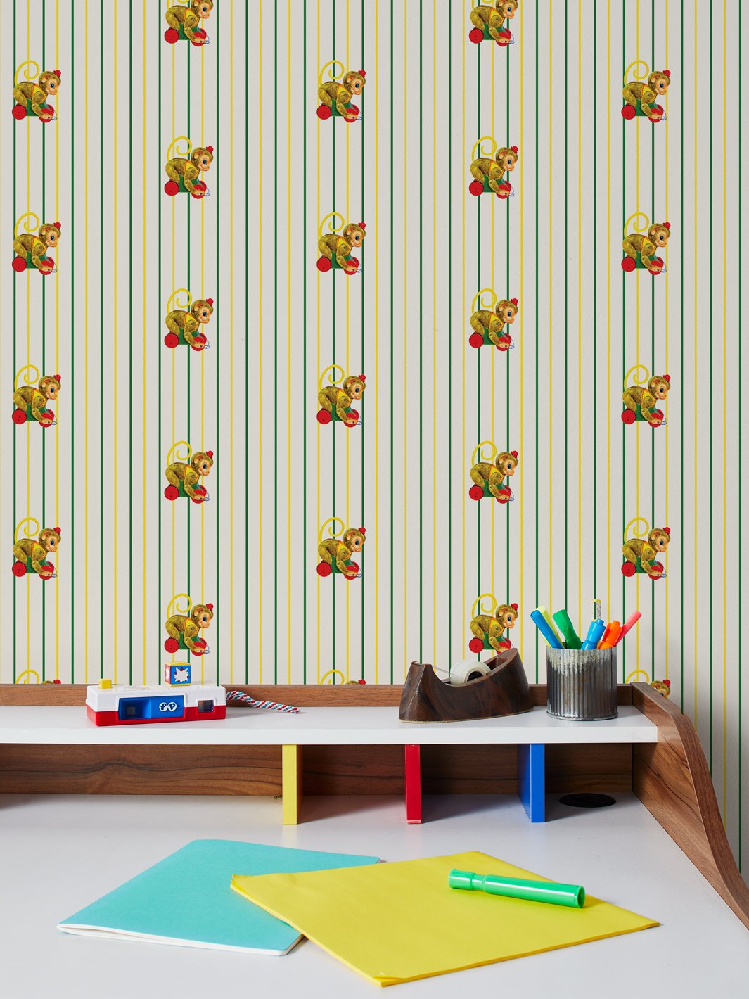 'Chatter Monkey Stripes' Wallpaper by Fisher-Price™ - Off-White