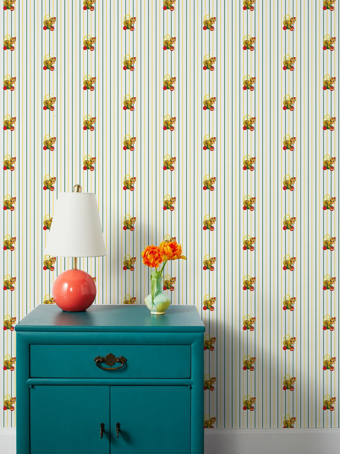 'Chatter Monkey Stripes' Wallpaper by Fisher-Price™ - White