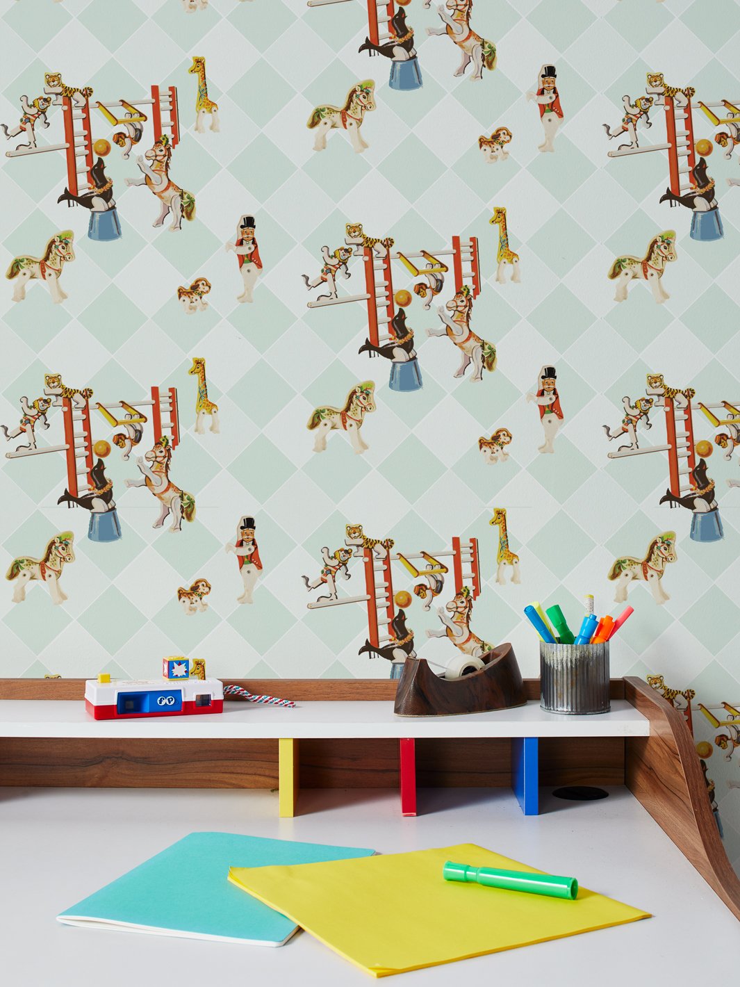 circus toile wallpaper by fisher price mint
