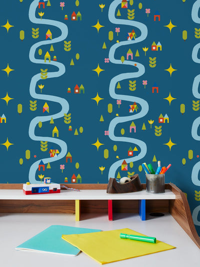 'Rivers & Roads' Wallpaper by Fisher-Price™ - Cadet Blue