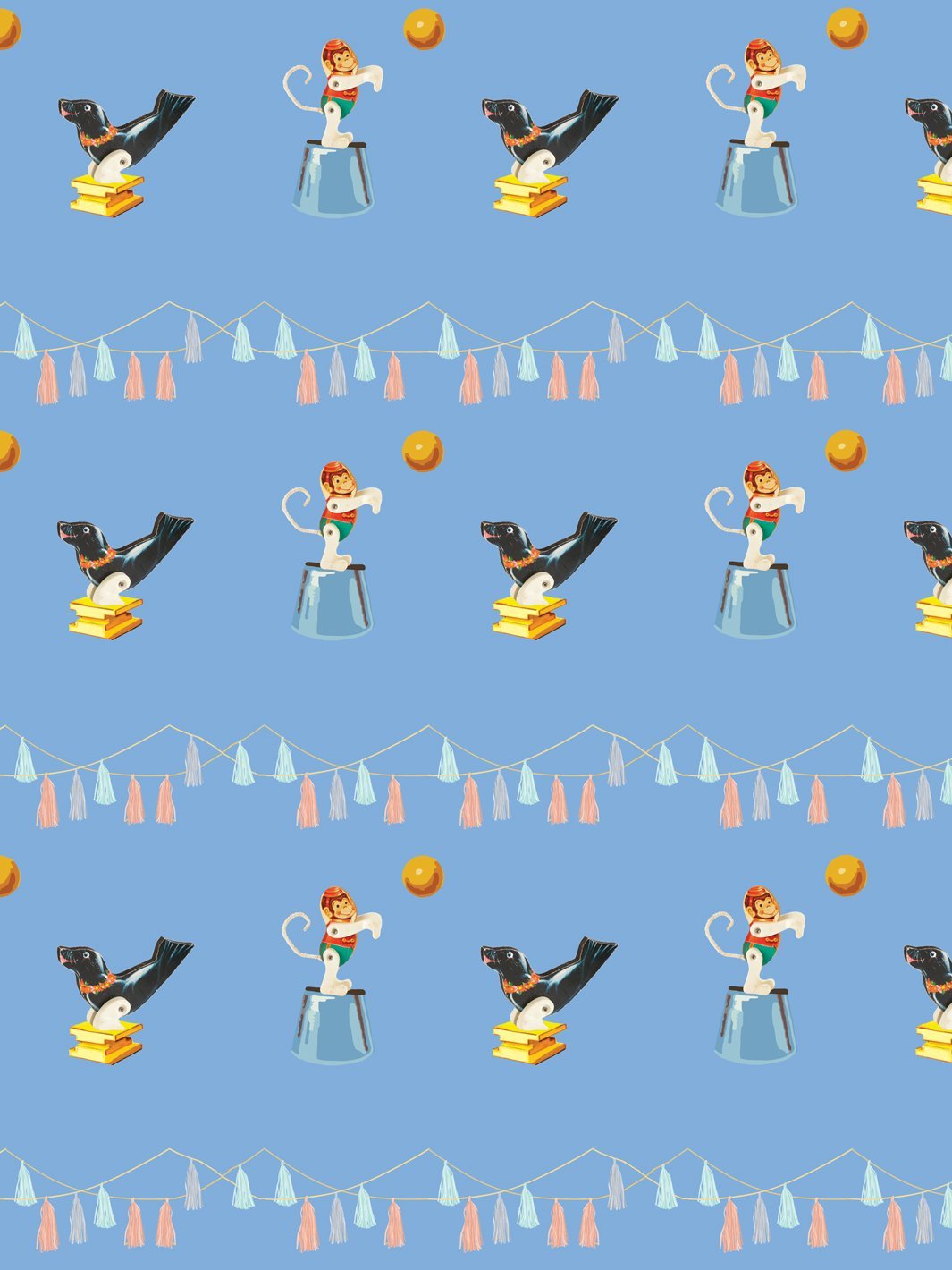 'Seal & Monkey Circus' Wallpaper by Fisher-Price™ - Denim