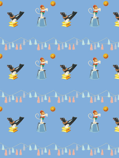 'Seal & Monkey Circus' Wallpaper by Fisher-Price™ - Denim