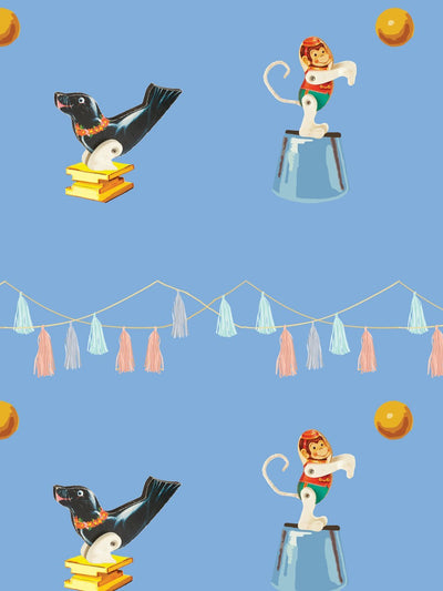 'Seal & Monkey Circus' Wallpaper by Fisher-Price™ - Denim