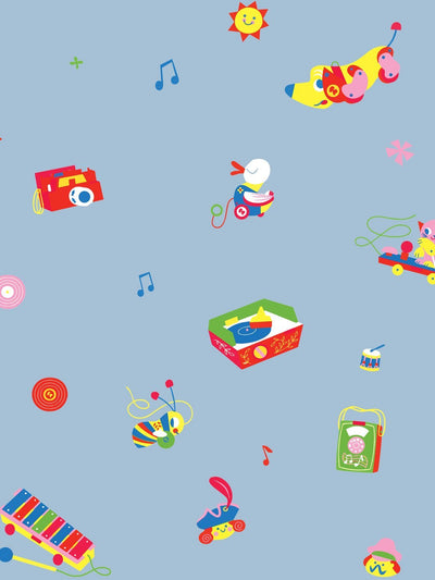 toy toss spaced wallpaper by fisher price denim