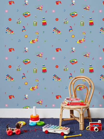 'Toy Toss Spaced' Wallpaper by Fisher-Price™ - Denim