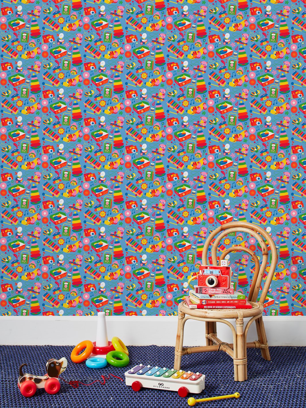 toy toss wallpaper by fisher price denim