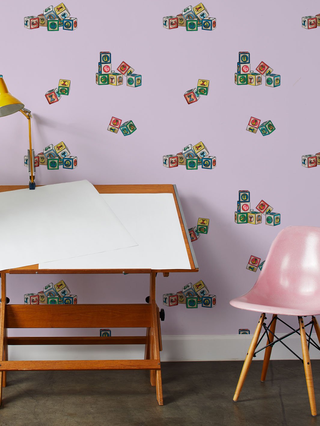 vintage blocks wallpaper by fisher price lavender