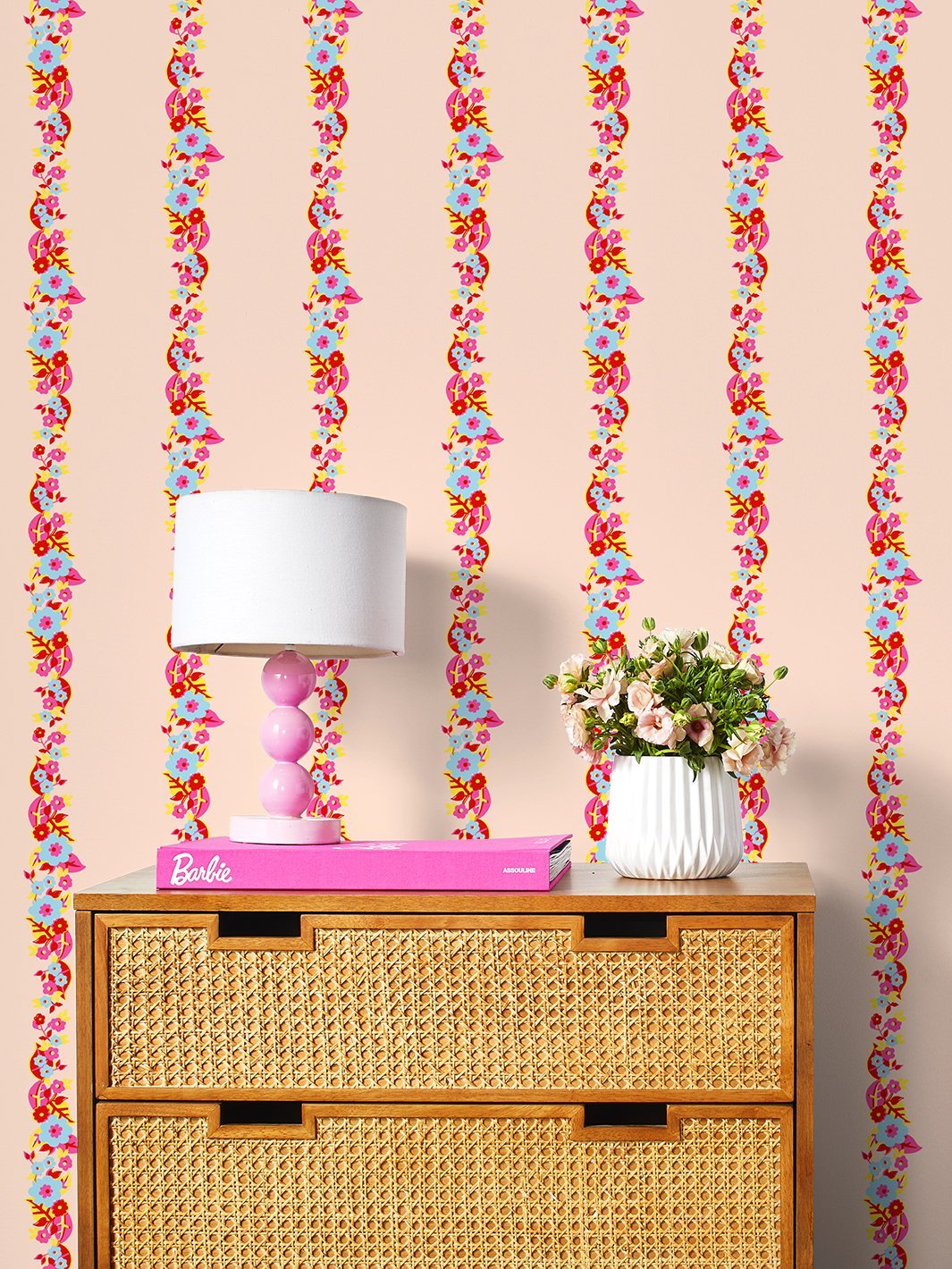 'Floral Stripe' Wallpaper by Barbie™ - Peach Red