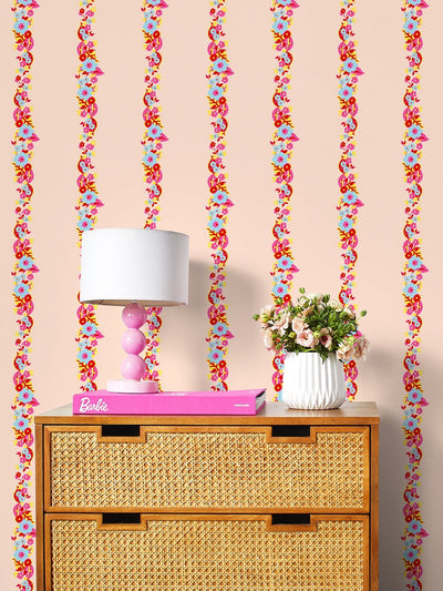 floral stripe wallpaper by barbie peach red