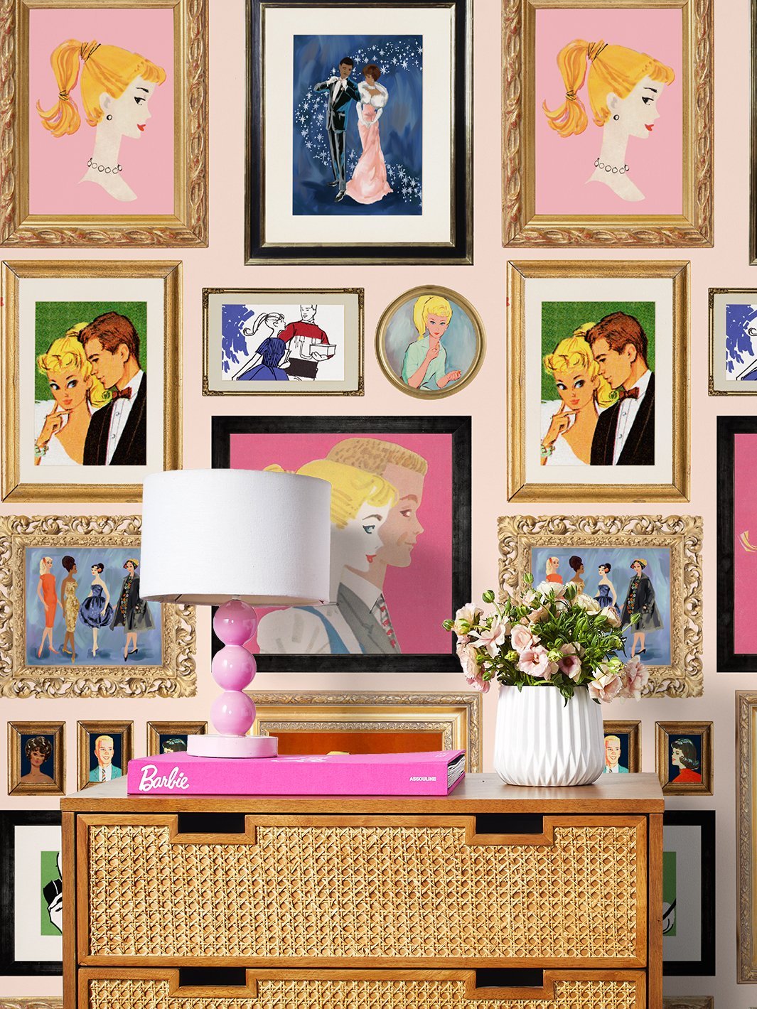 'Gallery Walls Illustrated' Wallpaper by Barbie™ - Peach