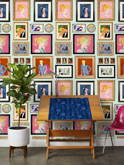 'Gallery Walls Illustrated' Wallpaper by Barbie™ - Robins Egg