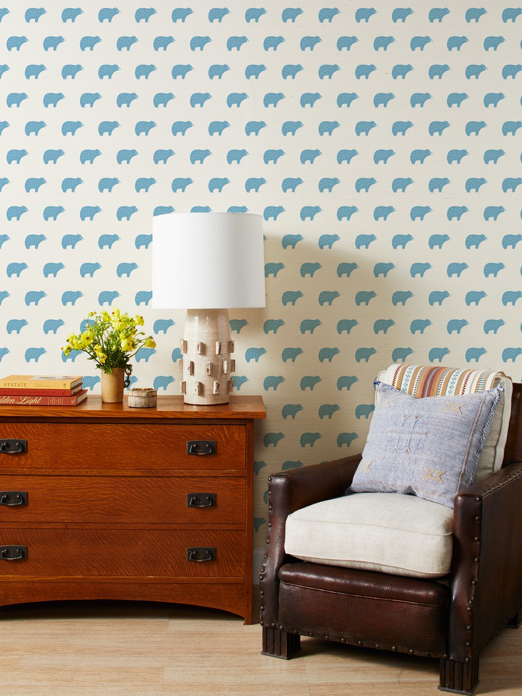 'Chubby Bear' Grasscloth' Wallpaper by Tea Collection - Cerulean