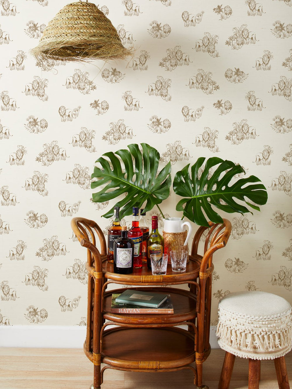 foliage lions white grasscloth