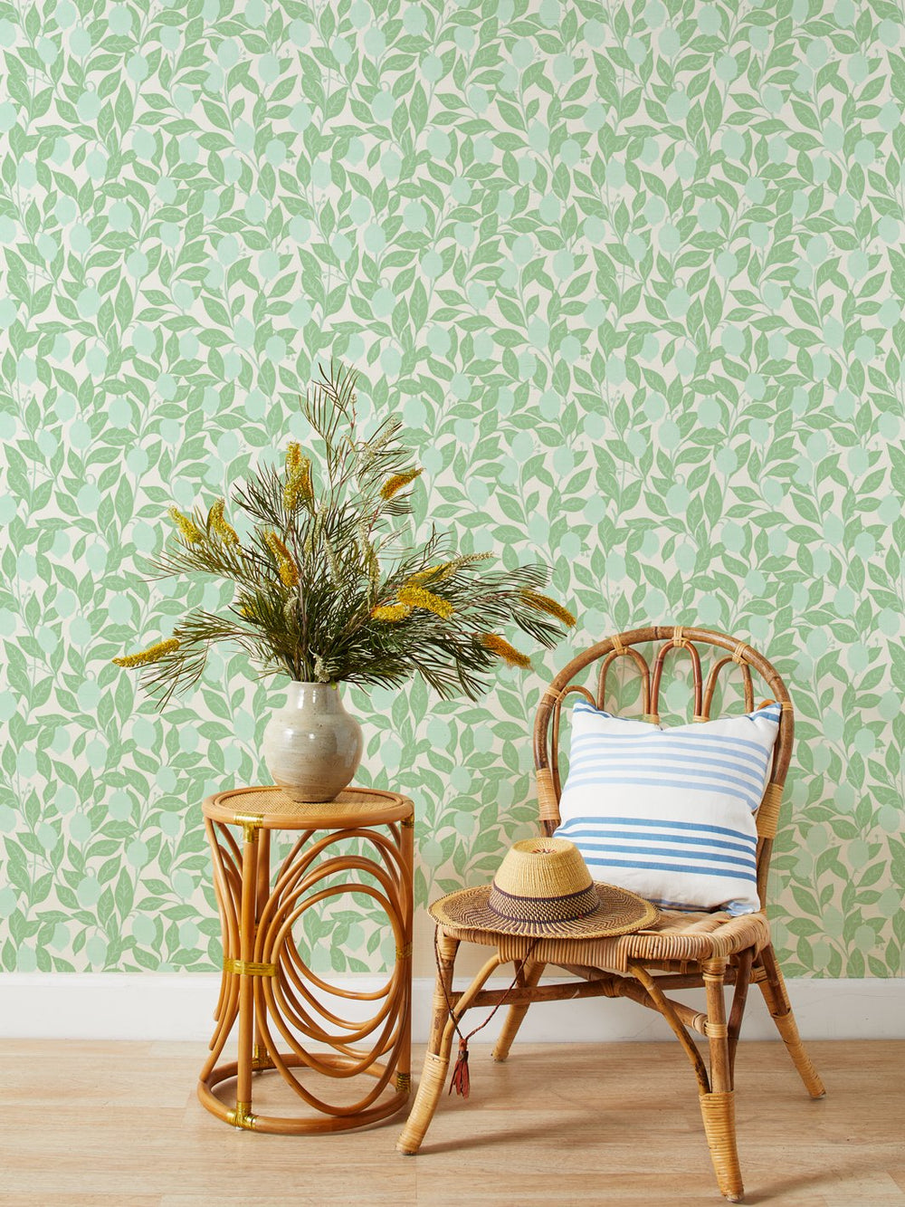 lemons green grasscloth