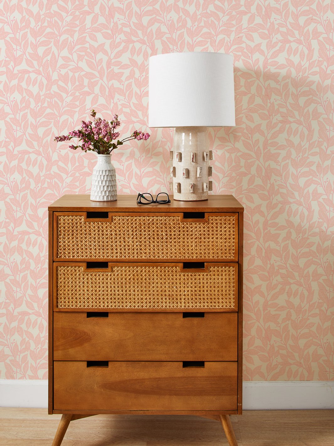 'Orchard Leaves' Grasscloth' Wallpaper by Wallshoppe - Pink