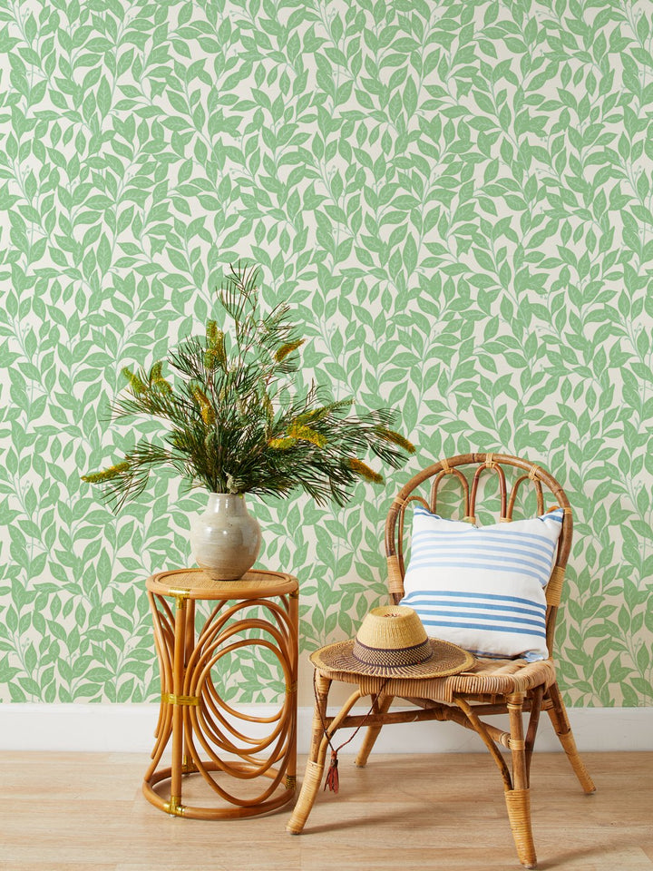 orchard leaves spring green grasscloth