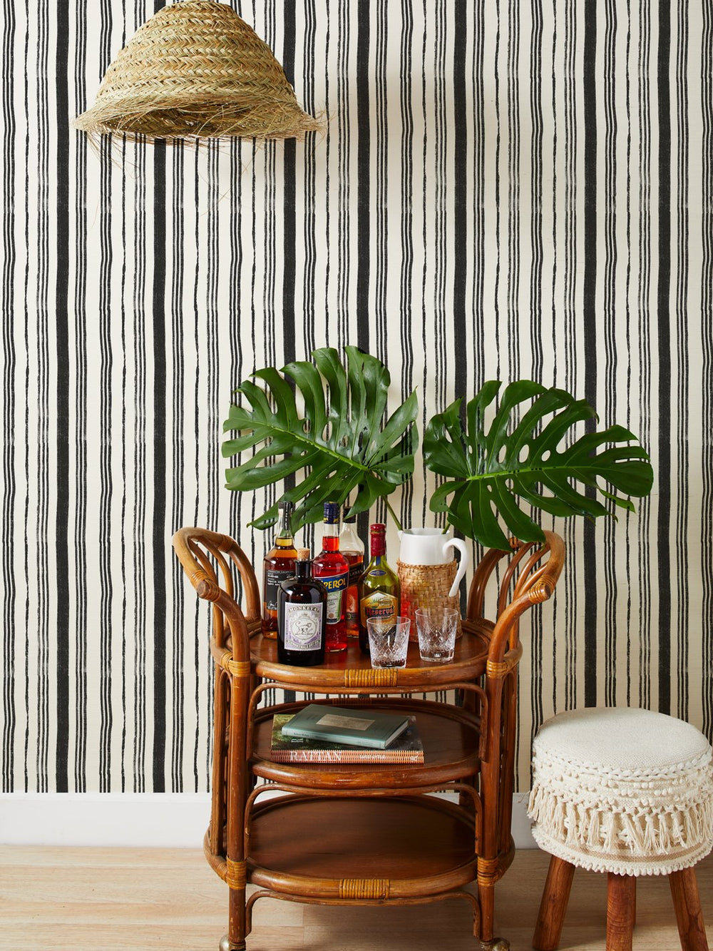 painted stripes black grasscloth