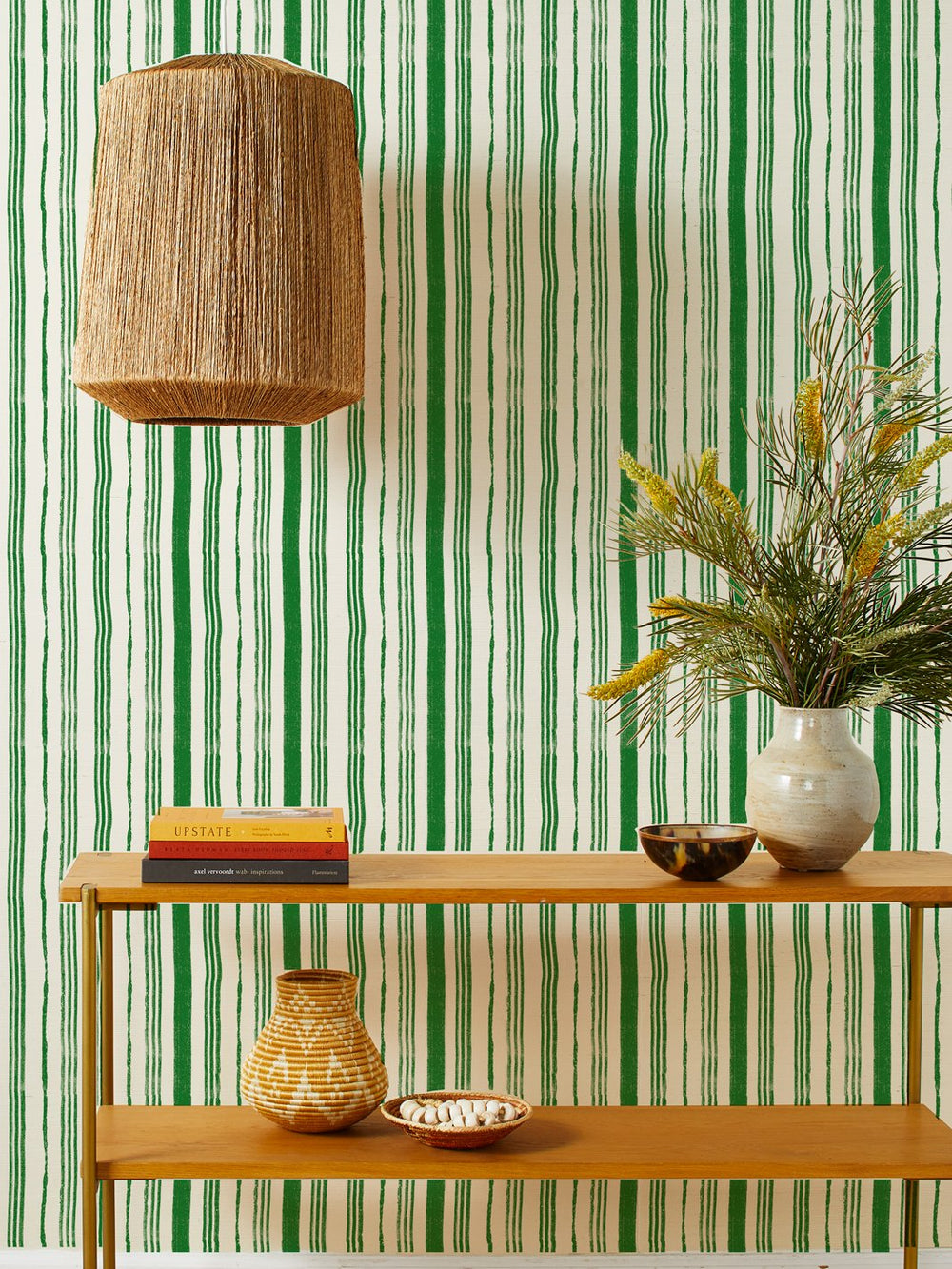 painted stripes green grasscloth