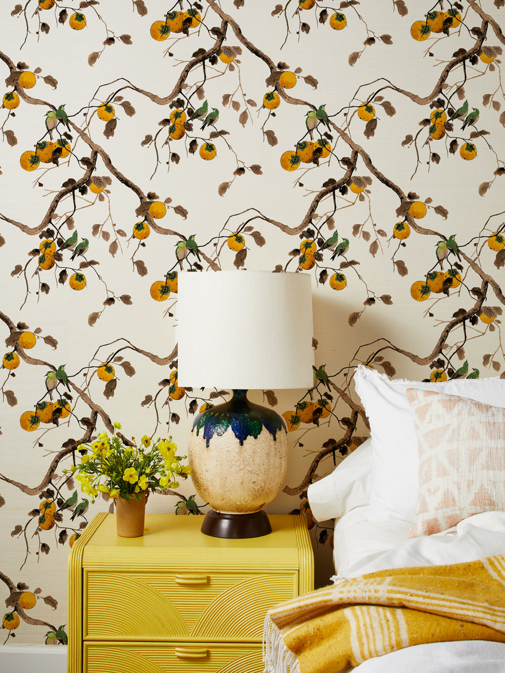 persimmon birds grasscloth wallpaper by nathan turner mustard