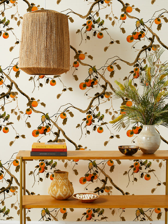 'Persimmon Birds' Grasscloth Wallpaper by Nathan Turner - Persimmon