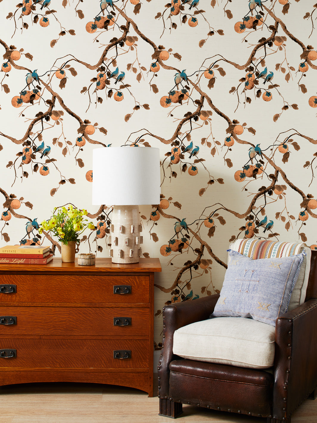 'Persimmon Birds' Grasscloth' Wallpaper by Nathan Turner - Washed Sienna