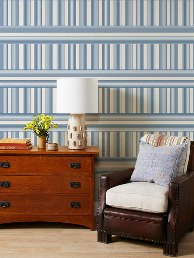 'Roman Holiday Grid' Grasscloth' Wallpaper by Barbie™ - Blue