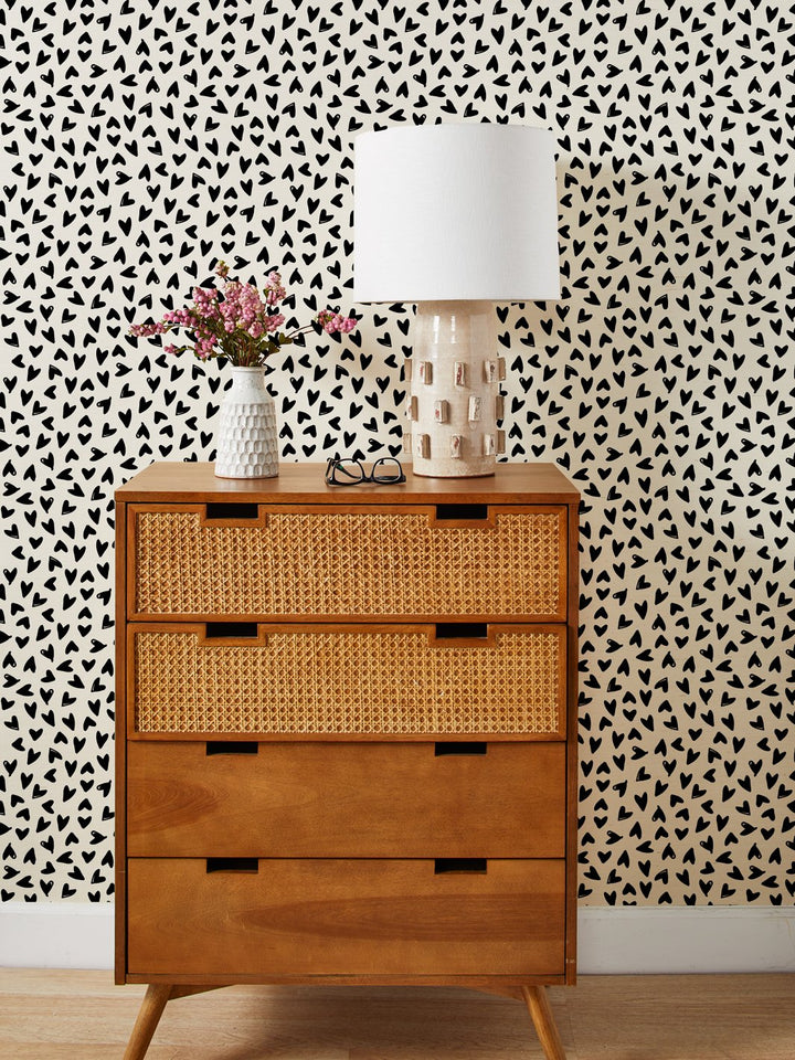 scattered hearts black grasscloth