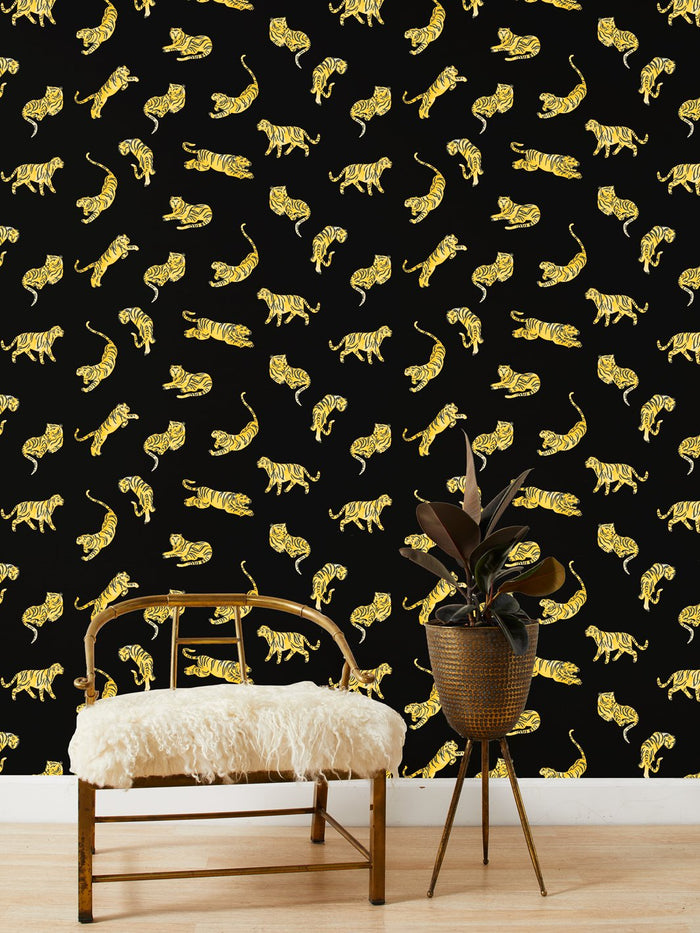 'Tigers' Grasscloth Wallpaper by Tea Collection - Black