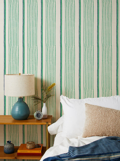 'Two Tone Stripe' Grasscloth' Wallpaper by Nathan Turner - Green Blue