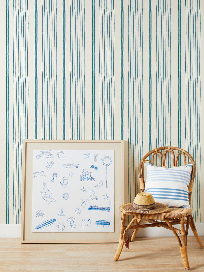 'Two Tone Stripe' Grasscloth Wallpaper by Nathan Turner - Sea Green Blue