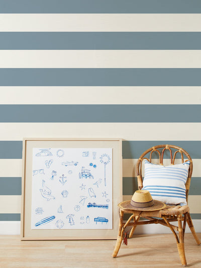 'Wide Stripe' Grasscloth' Wallpaper by Wallshoppe - French Blue