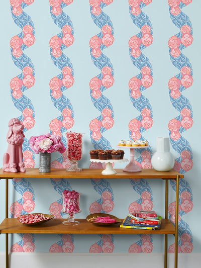'Groovy Floral Stripe' Wallpaper by Barbie™ - Baby Blue