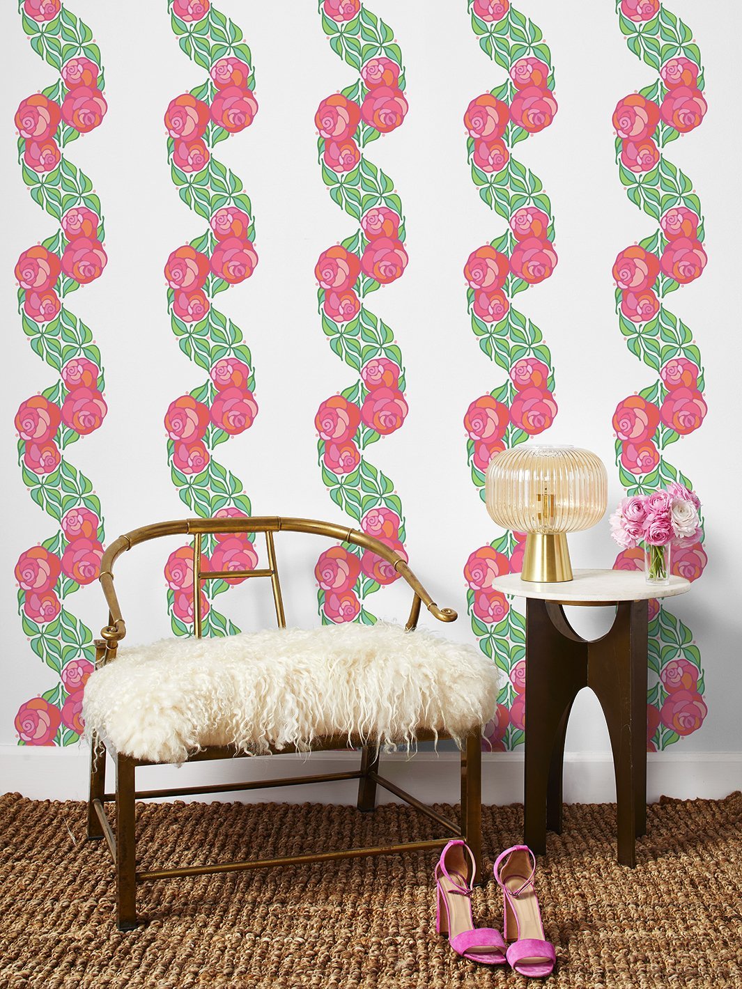 'Groovy Floral Stripe' Wallpaper by Barbie™ - Berry