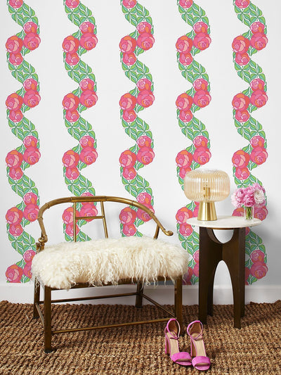 'Groovy Floral Stripe' Wallpaper by Barbie™ - Berry