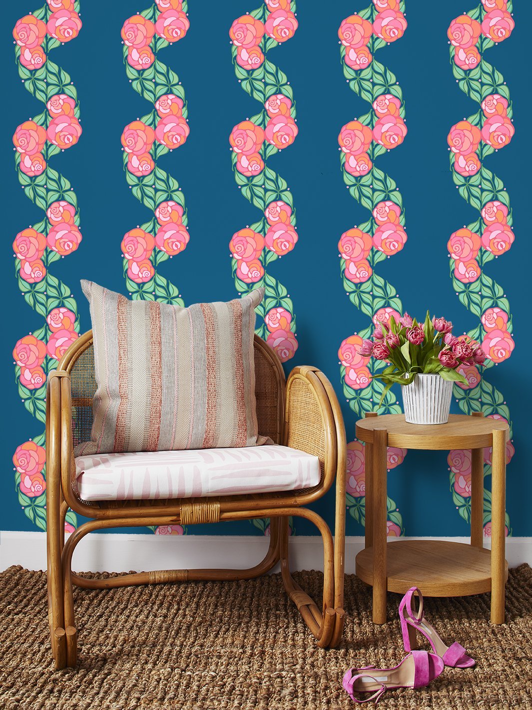 'Groovy Floral Stripe' Wallpaper by Barbie™ - Cadet Blue