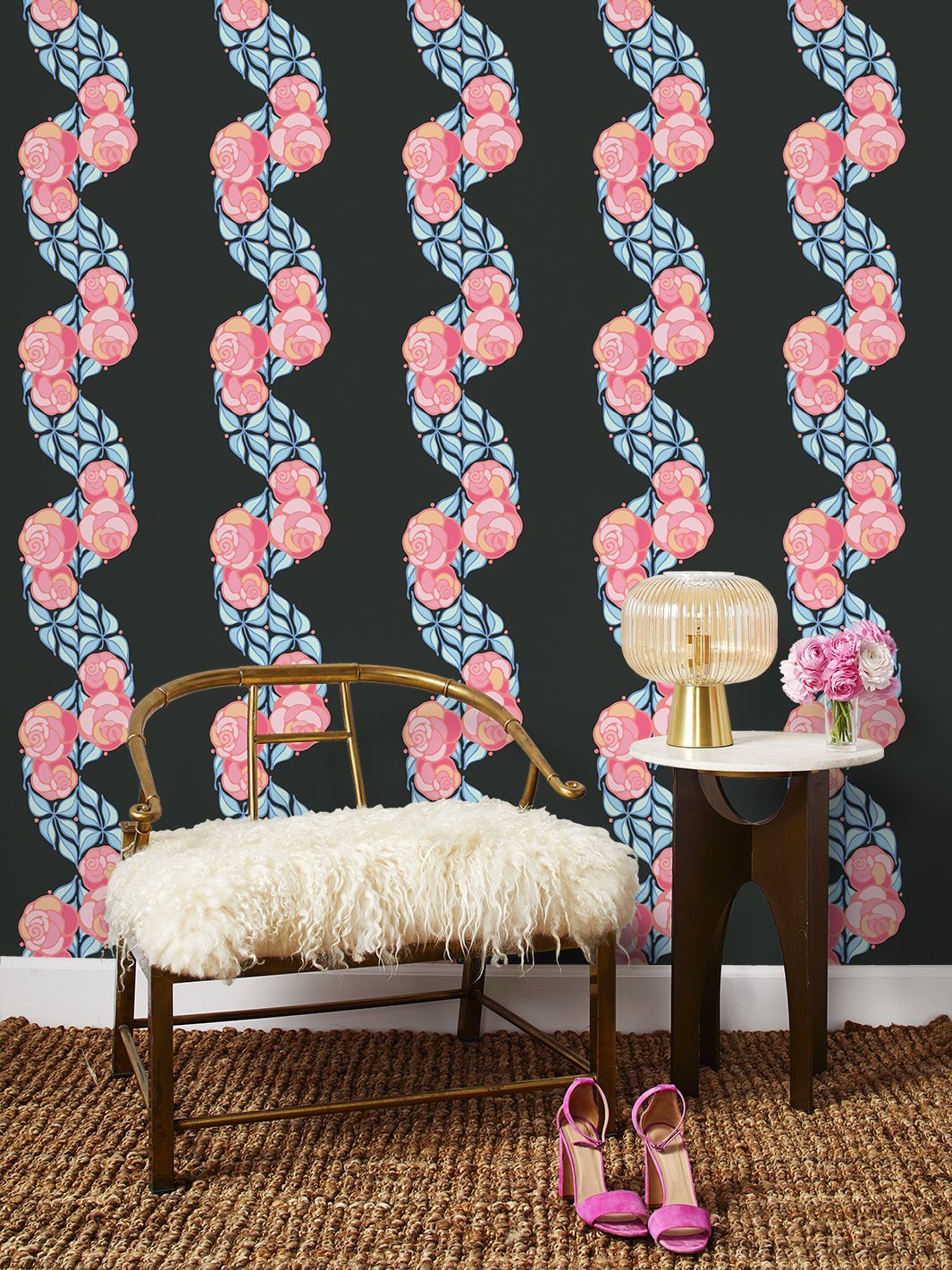 groovy floral stripe wallpaper by barbie charcoal