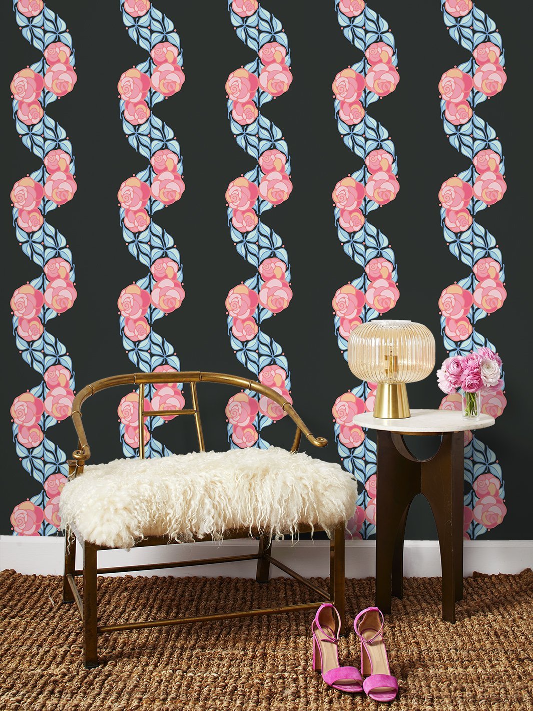 'Groovy Floral Stripe' Wallpaper by Barbie™ - Charcoal