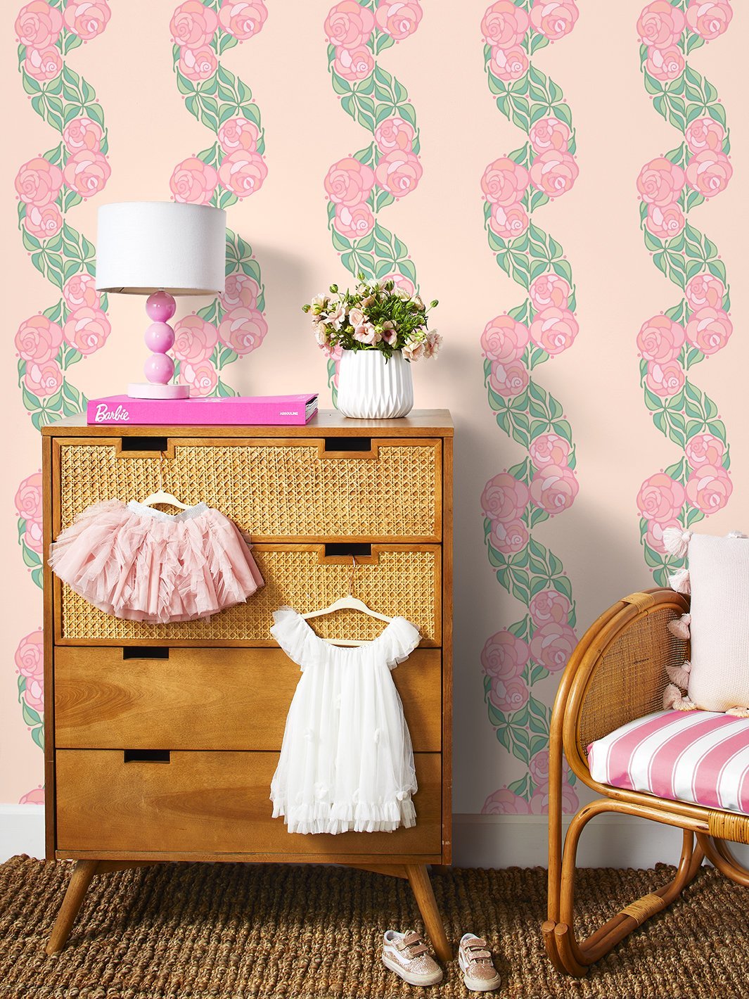 'Groovy Floral Stripe' Wallpaper by Barbie™ - Peach