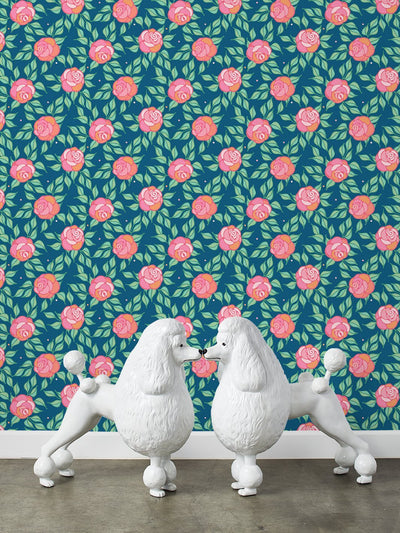 'Groovy Floral' Wallpaper by Barbie™ - Cadet Blue