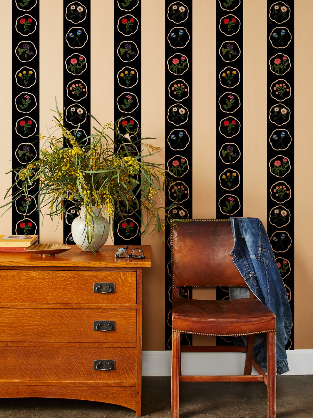 'Montaigne Stripe' Kraft' Wallpaper by Carly Beck - Black