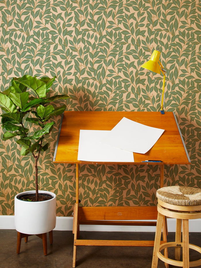 'Orchard Leaves' Kraft' Wallpaper by Wallshoppe - Green